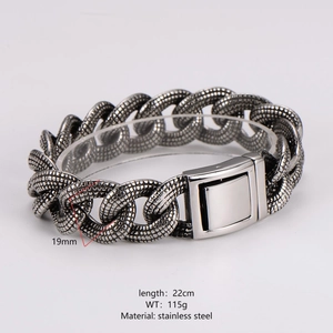 Rugged 19mm stainless steel bracelet with vintage snake scale pattern in silver finish