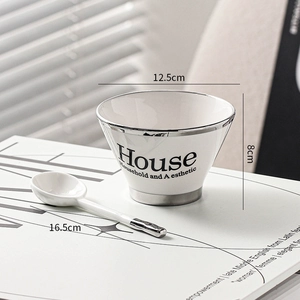Nordic minimalist white ceramic bowl and spoon set with aesthetic typography and dimensions