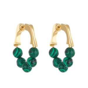 French vintage hoop earrings with five green malachite beads on gold metal rings