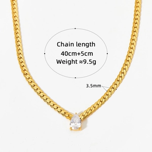 Polished gold V-shaped snake chain necklace with water-drop cubic zirconia pendant