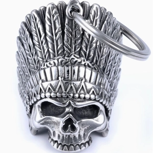 Vintage stainless steel Indian skull pendant with feather headdress and bell design