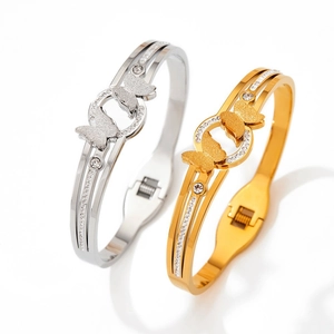 Butterfly Bangle Bracelet Stainless Steel Frosted Butterflies Rhinestone Inlay Elegant Trendy Jewelry For Women