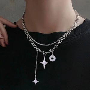 Double Layer Necklace Copper Alloy With Star Cross Pendant Zircon Inlaid Fashion Y2K Minimalist Jewelry For Women