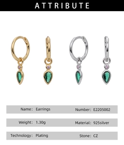 Macro view of S925 sterling silver drop earrings with green zircon and pink accents