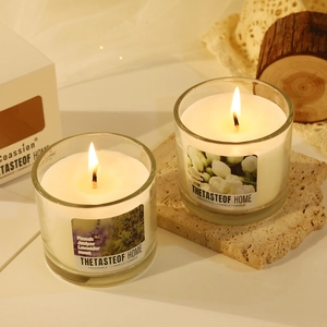 Lavender and Jasmine scented candles in glass jars with wooden lids and gift box