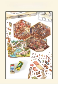 Close-up of 3D miniature house stickers with cartoon building and home furniture theme