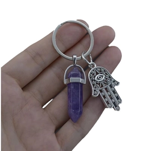 Hamsa Hand keychain with purple crystal hexagonal prism and evil eye pendant detail