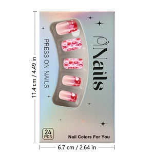 Detailed packaging view showing dimensions of short heart-patterned press-on nail kit