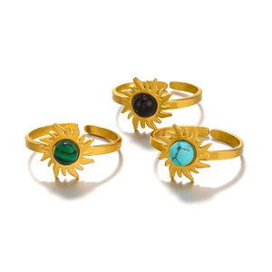 Three-piece stainless steel sun rings set with malachite, onyx, and turquoise stones