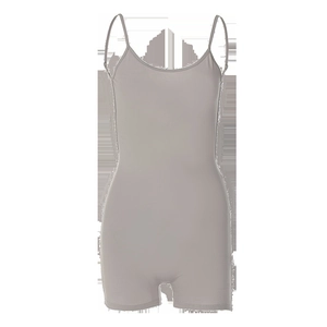 Close-up detail of grey slim fit bodysuit featuring thin straps and backless design
