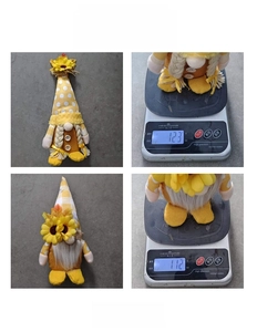 Detail view of sunflower fall gnomes showing textures and actual weight measurement