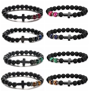 Beaded Bracelet Natural Lava Stone Tiger Eye Matte Agate Cross Elastic Ethnic Jewelry For Men Unisex