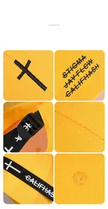 Detailed views of yellow baseball cap with black cross embroidery and adjustable strap