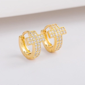 Minimalist gold plated cross hoop earrings with sparkling cubic zirconia pavé setting