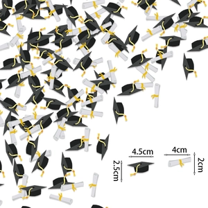 Detail of black graduation cap and white scroll paper confetti with size measurements