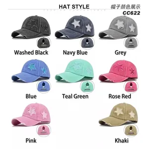 Distressed ponytail baseball cap with star patch in eight vintage washed colors