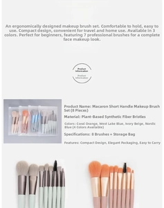 Detail of 8-piece mini makeup brush set with synthetic fiber bristles and storage bag