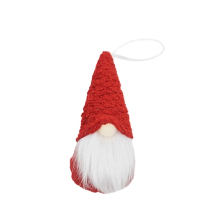 Hanging Christmas gnome ornament with red knitted hat and white beard on white background