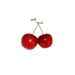 Fashionable red cherry stud earrings with golden stems and polished resin finish