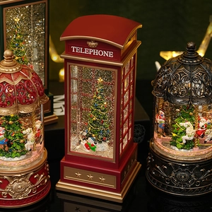 Retro Christmas telephone booth and lantern music box with snow scene and LED warm lighting