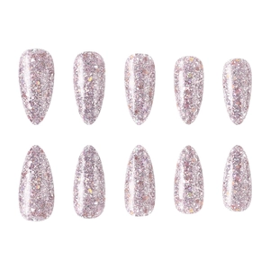 Sparkly pink almond press-on nails with silver holographic glitter and laser finish