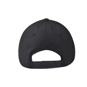 Detail of adjustable snapback closure and breathable mesh fabric on black baseball cap