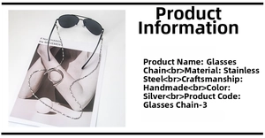 Detailed view of handmade silver stainless steel eyeglass chain with classic aviator sunglasses