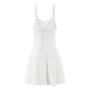 White lace mini slip dress with sweet floral embroidery and back ribbon bow details