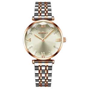Women's two-tone stainless steel quartz watch with crystal indices and faceted glass