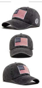 Detailed views of washed cotton baseball cap with embroidered USA flag and side text