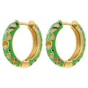 Detailed close-up of gold enamel hoop earrings with vibrant floral patterns on white background