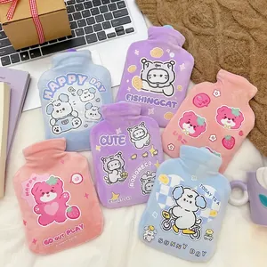 Set of six cute cartoon hot water bottles with soft plush covers in pastel colors