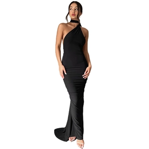 Elegant black backless halter evening dress with slim fit silhouette and long hemline