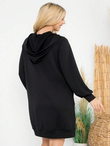 Women's casual black hooded sweatshirt dress featuring a loose fit and drawstring hood