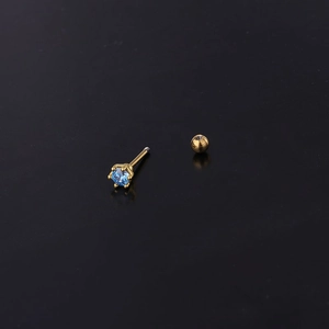 Minimalist gold stainless steel stud earring with a round light blue zircon and ball back