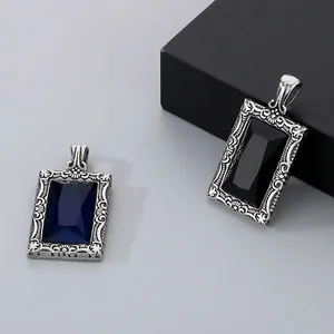 Collier Pendentif Pierre Précieuse Carrée Rétro Acier Titane Gravé Vintage Bijoux Hip Hop Punk Pour Hommes