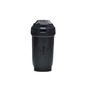 Professional black plastic shaker bottle with H logo and flip-top lid for fitness and sports