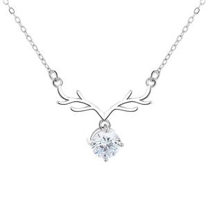 Elegant silver reindeer antler necklace featuring a sparkling round moissanite pendant