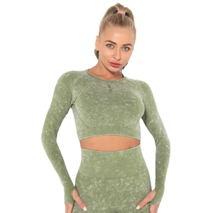 Women's sage green acid wash seamless yoga set with long sleeve crop top and thumb holes