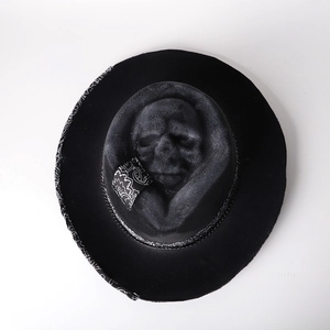 Sad Reaper handmade black felt cowboy hat with 3D skull carving and bandana brim