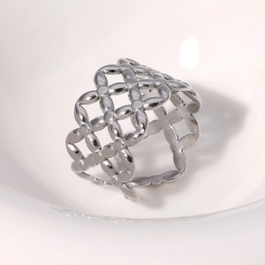 Polished silver stainless steel open ring with geometric hollow four-petal floral patterns