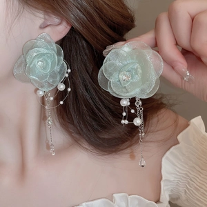 Elegant light green organza flower tassel earrings with pearls and crystal drops