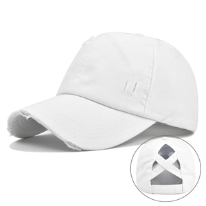Close-up of white distressed ponytail baseball cap with cross elastic band detail
