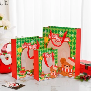 Christmas gift bags with window and cartoon bear patterns in three different sizes