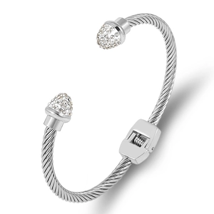 Elegant silver cable wire open bangle with crystal pavé spherical ends and center clasp