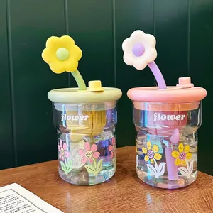 Lot de gobelets en verre borosilicate résistant avec pailles à fleurs 3D et couvercles
