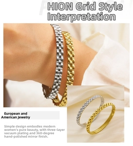 Detail view of gold and silver steel bangles with gear link design and polished finish