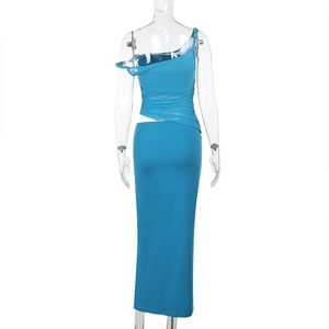 Back view of a blue one-shoulder maxi dress with ruched details on a slim-fit mesh silhouette