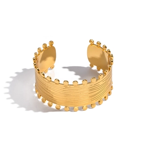 Retro 18K gold plated stainless steel wide open cuff with textured wavy ripple pattern