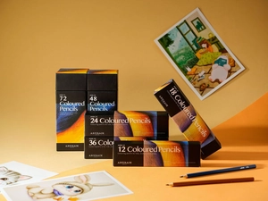 Artistic detail of ARTRACK colored pencil sets in various quantities on orange background